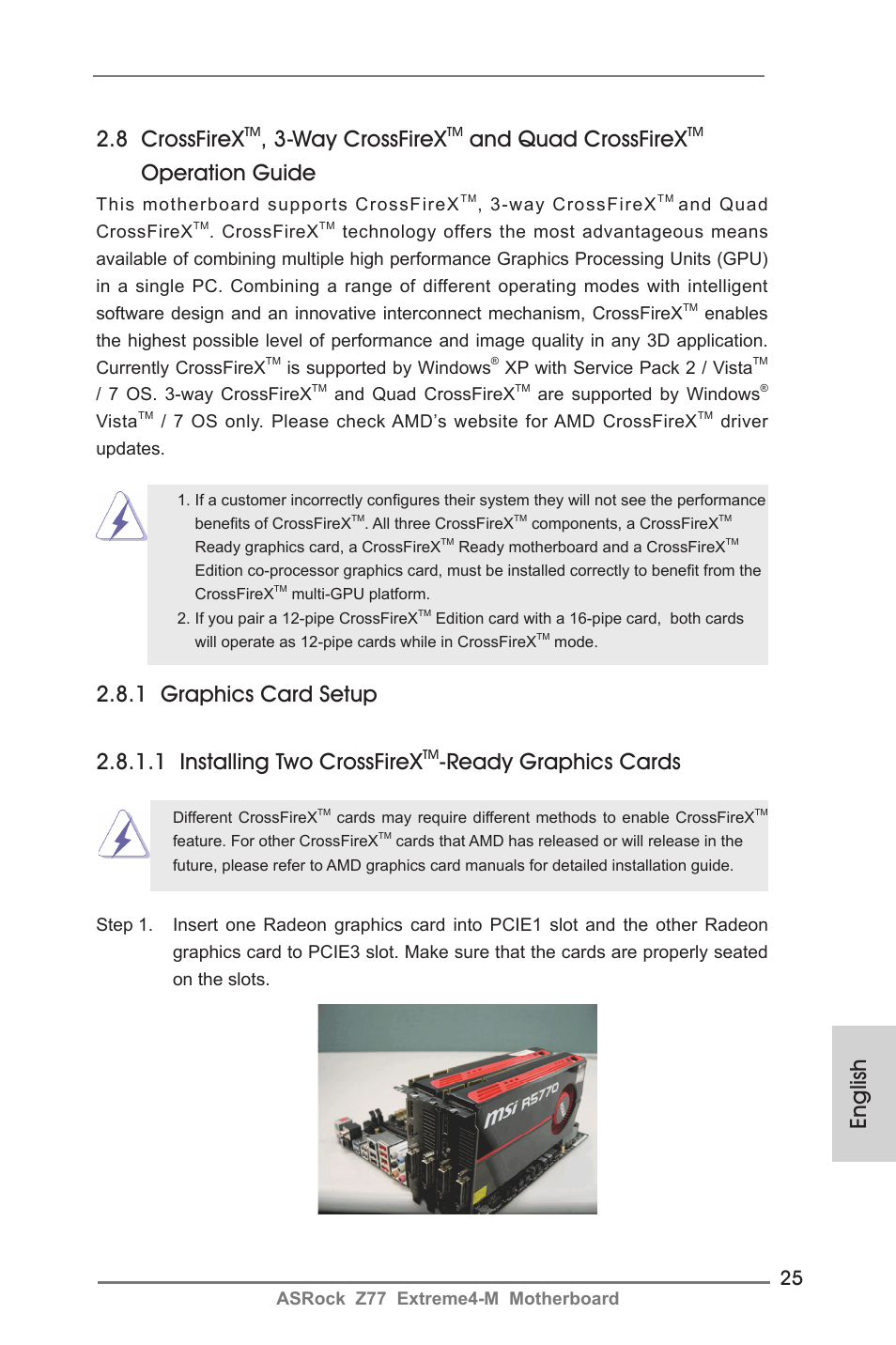 8 crossfirex, Way crossfirex, And quad crossfirex | Operation guide, Ready graphics cards, English | ASRock Z77 Extreme4-M User Manual | Page 25 / 237
