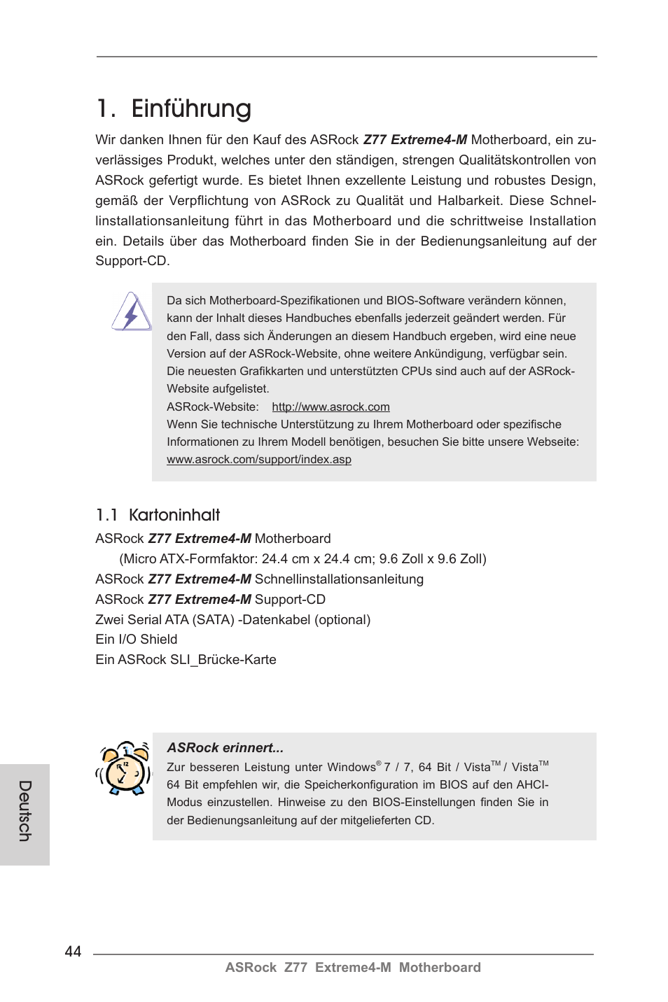 German, Einführung, 1 kartoninhalt | Deutsch | ASRock Z77 Extreme4-M User Manual | Page 44 / 237