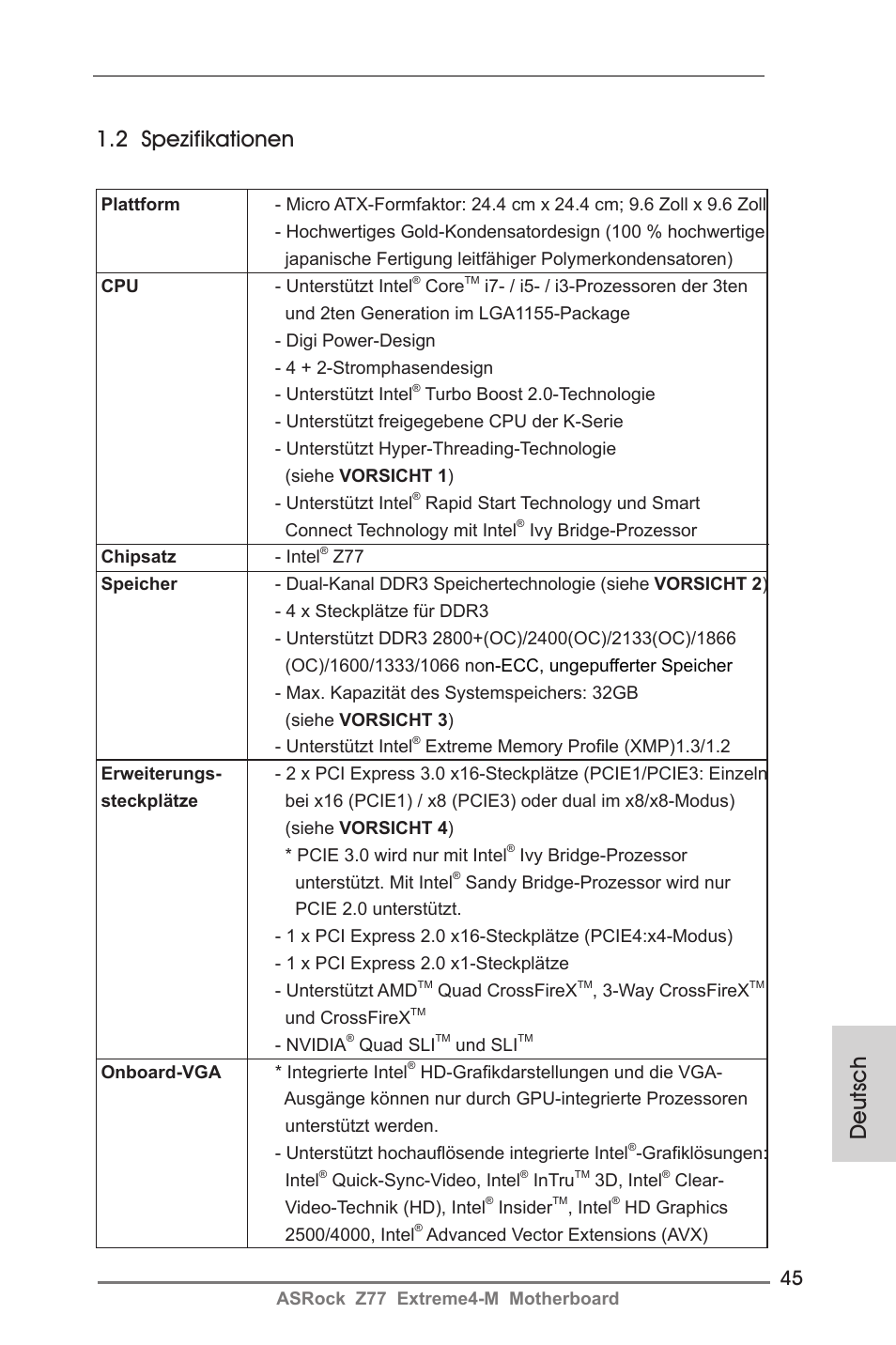 Deutsch 1.2 spezifikationen | ASRock Z77 Extreme4-M User Manual | Page 45 / 237