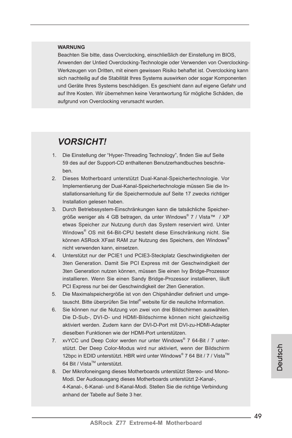 Vorsicht, Deutsch, Asrock z77 extreme4-m motherboard | ASRock Z77 Extreme4-M User Manual | Page 49 / 237
