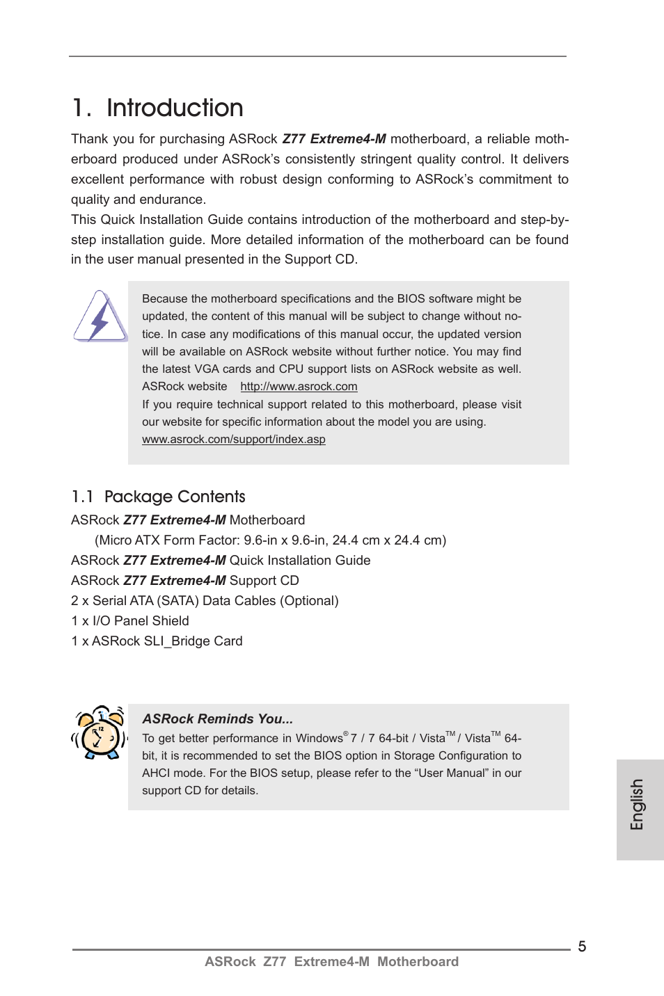 Introduction, 1 package contents, English | ASRock Z77 Extreme4-M User Manual | Page 5 / 237