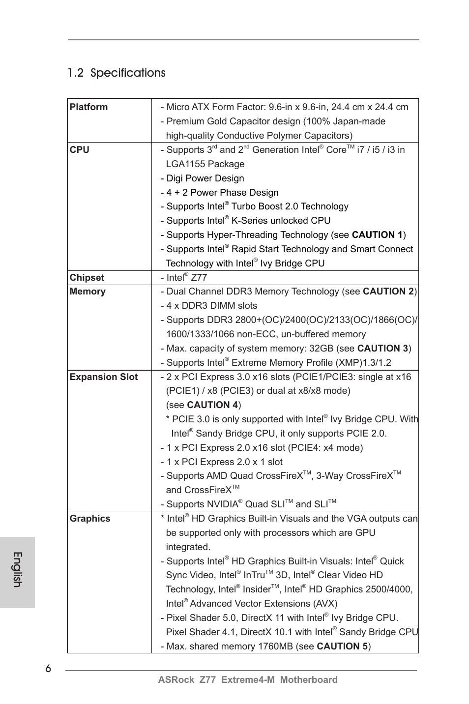 English 1.2 specifications | ASRock Z77 Extreme4-M User Manual | Page 6 / 237