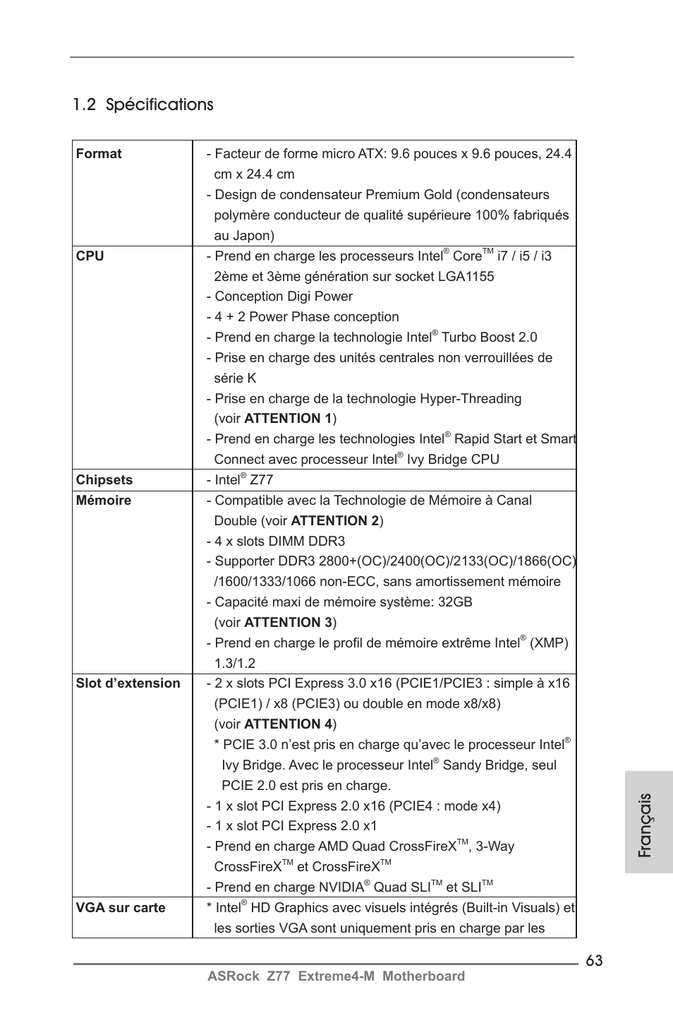 Français 1.2 spécifications | ASRock Z77 Extreme4-M User Manual | Page 63 / 237