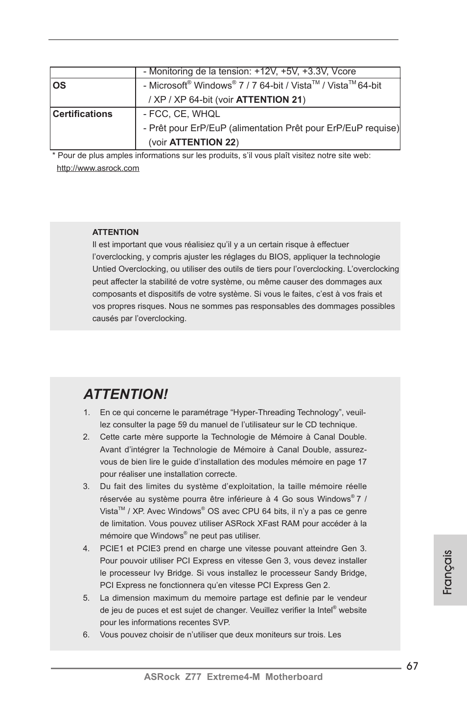 Attention, Français | ASRock Z77 Extreme4-M User Manual | Page 67 / 237