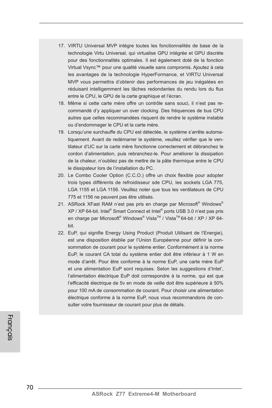Français, Asrock z77 extreme4-m motherboard | ASRock Z77 Extreme4-M User Manual | Page 70 / 237