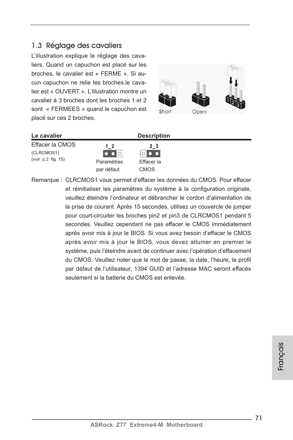 Français 1.3 réglage des cavaliers | ASRock Z77 Extreme4-M User Manual | Page 71 / 237