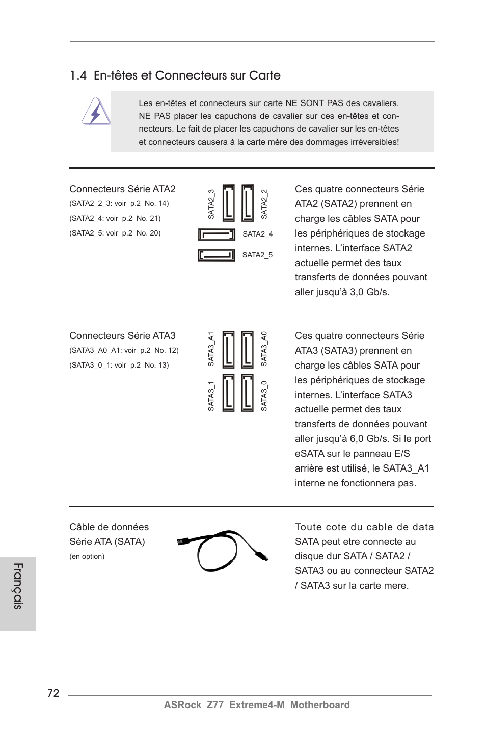 Français, 4 en-têtes et connecteurs sur carte | ASRock Z77 Extreme4-M User Manual | Page 72 / 237