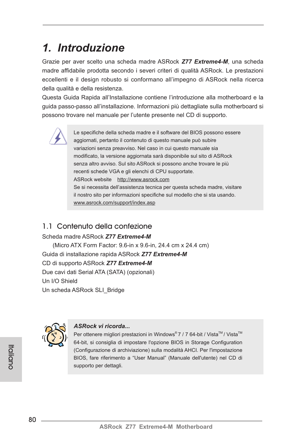 Italian, Introduzione, 1 contenuto della confezione | Italiano | ASRock Z77 Extreme4-M User Manual | Page 80 / 237