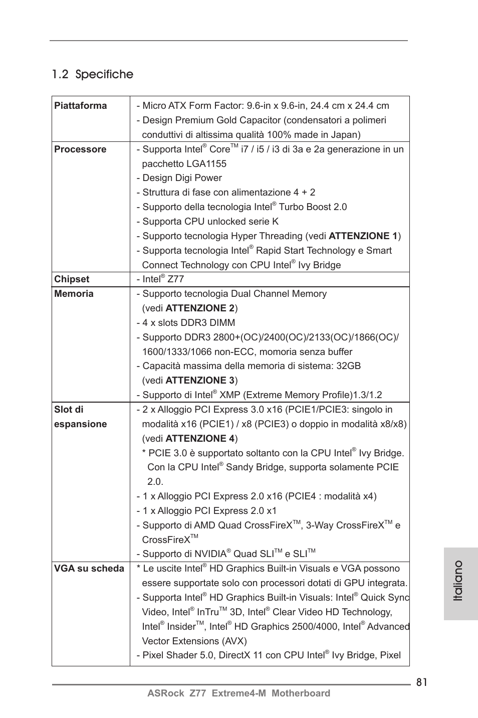 Italiano 1.2 specifiche | ASRock Z77 Extreme4-M User Manual | Page 81 / 237