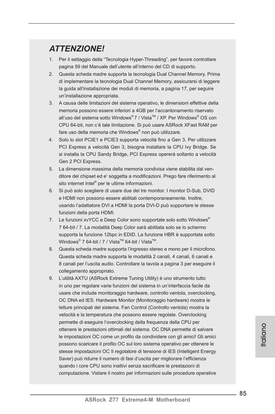 Attenzione, Italiano, Asrock z77 extreme4-m motherboard | ASRock Z77 Extreme4-M User Manual | Page 85 / 237