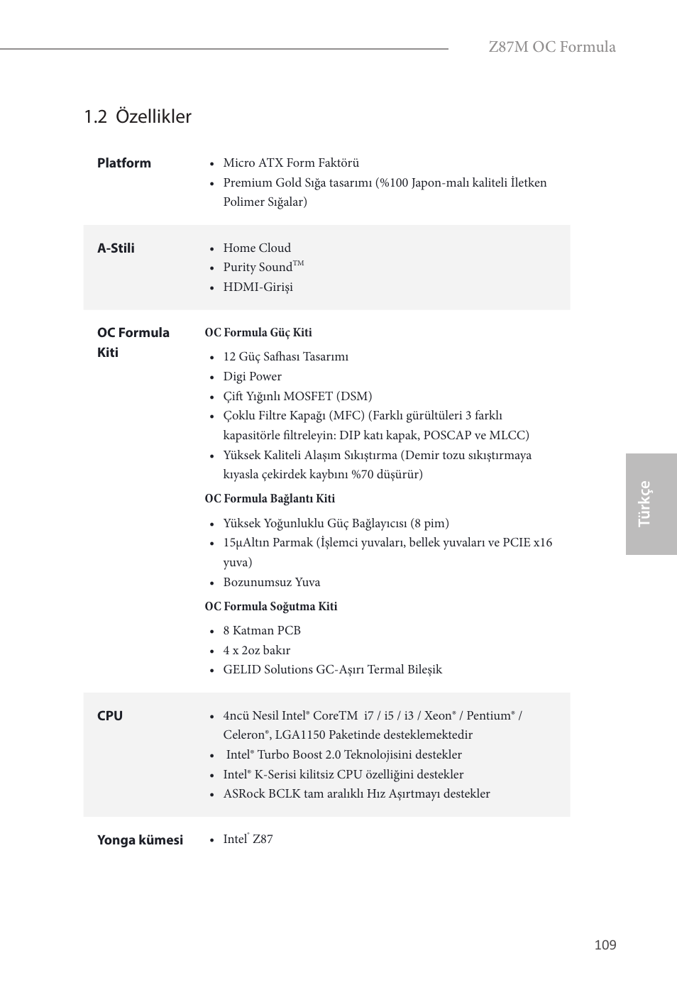 2 özellikler, Türk çe, Z87m oc formula | ASRock Z87M OC Formula User Manual | Page 111 / 189
