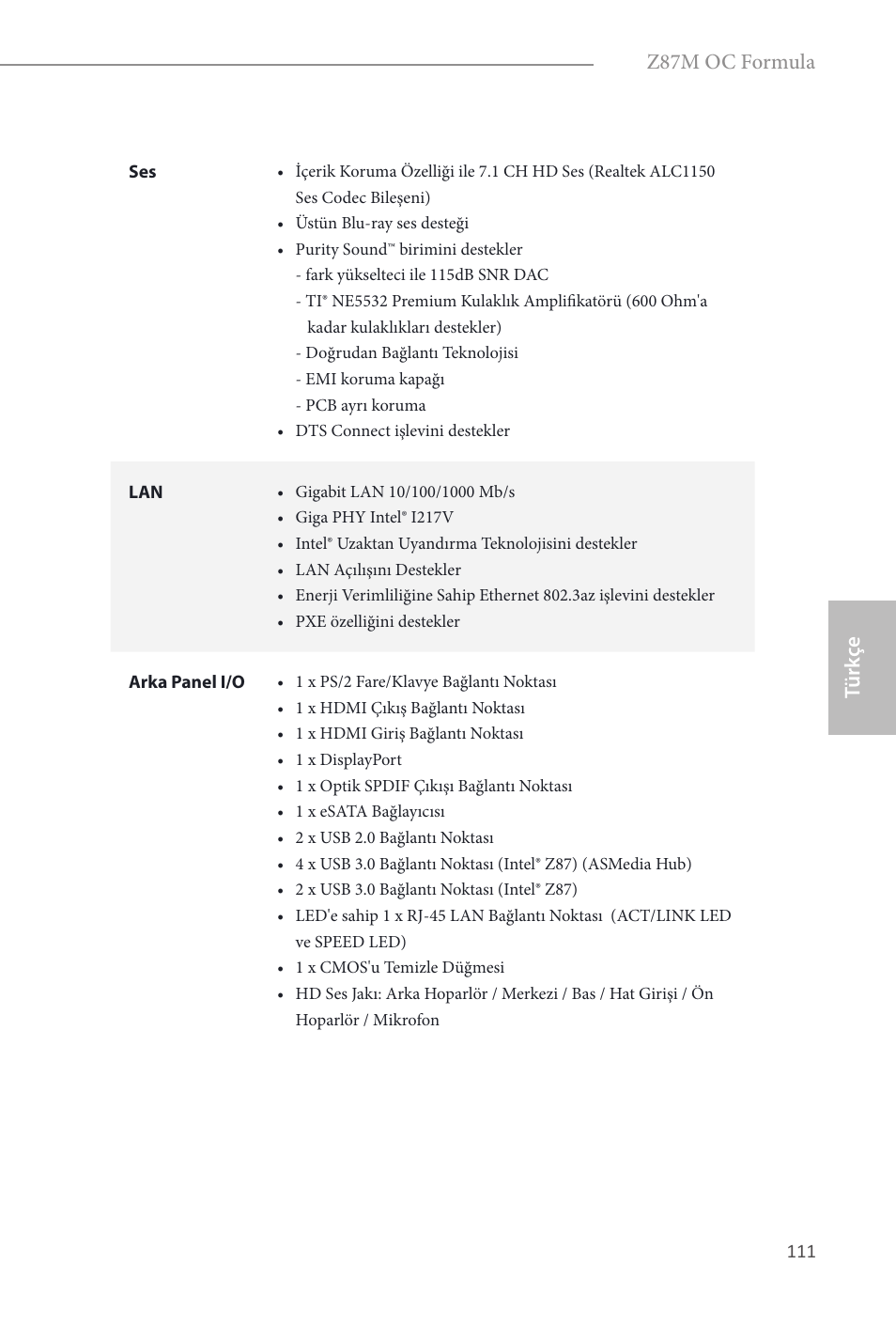 Türk çe, Z87m oc formula | ASRock Z87M OC Formula User Manual | Page 113 / 189