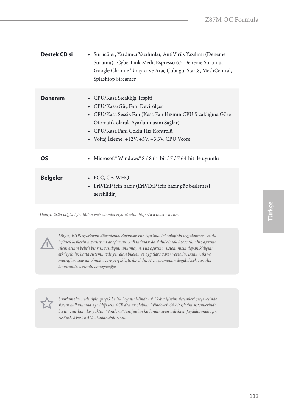 Türk çe, Z87m oc formula | ASRock Z87M OC Formula User Manual | Page 115 / 189