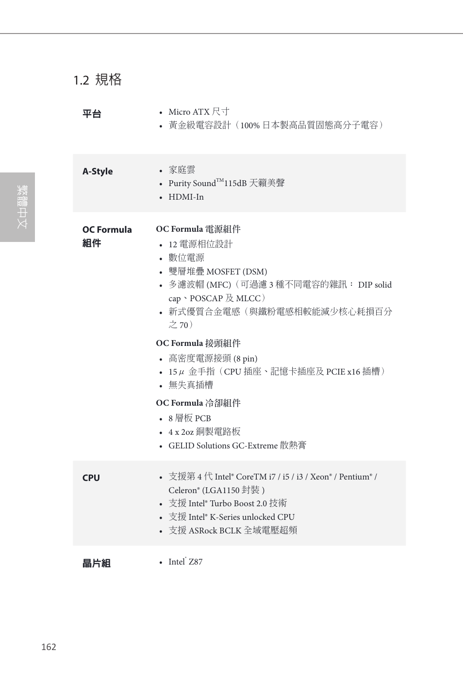 2 規格, 繁體中文 | ASRock Z87M OC Formula User Manual | Page 164 / 189