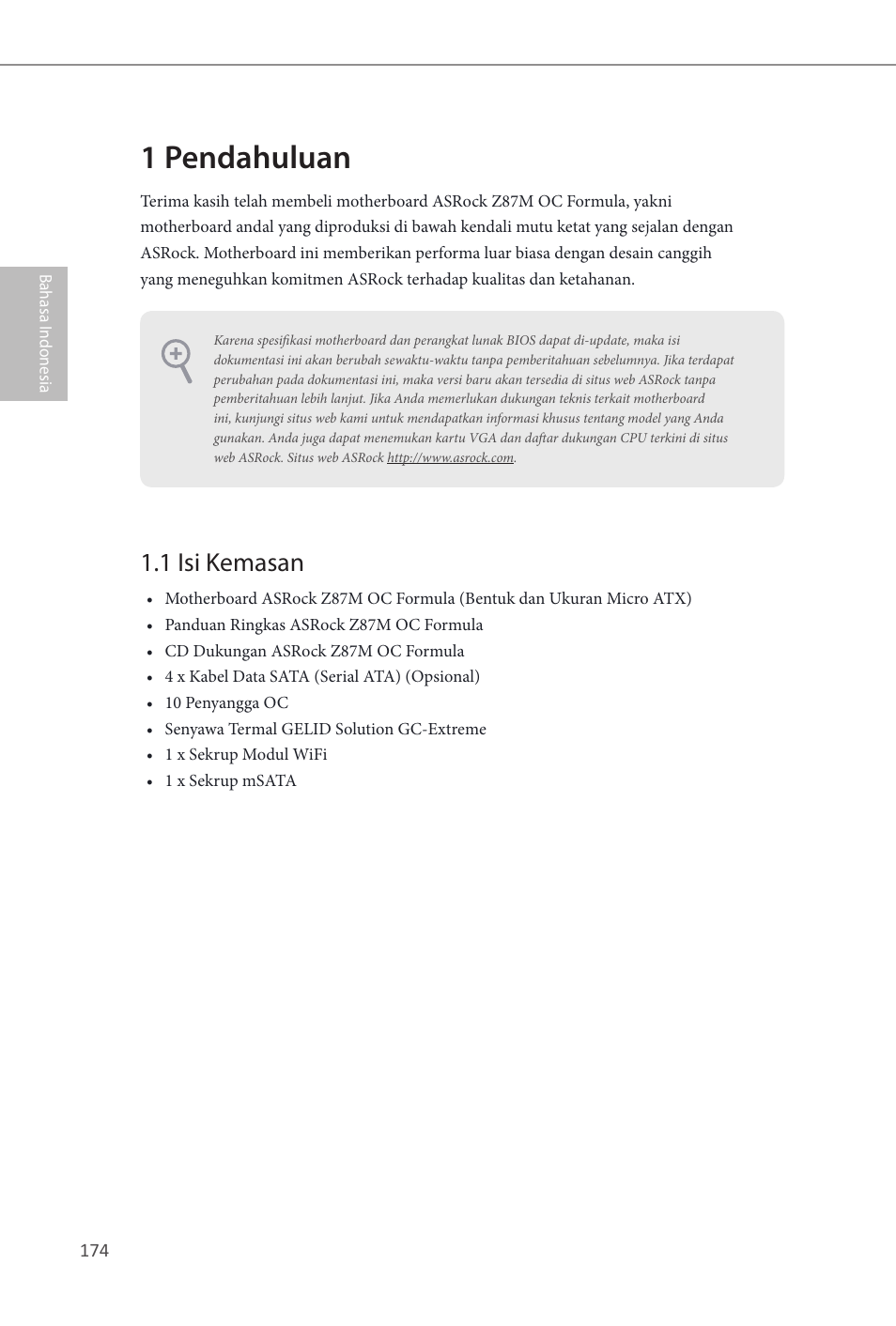 Indonesian, 1 pendahuluan, 1 isi kemasan | ASRock Z87M OC Formula User Manual | Page 176 / 189