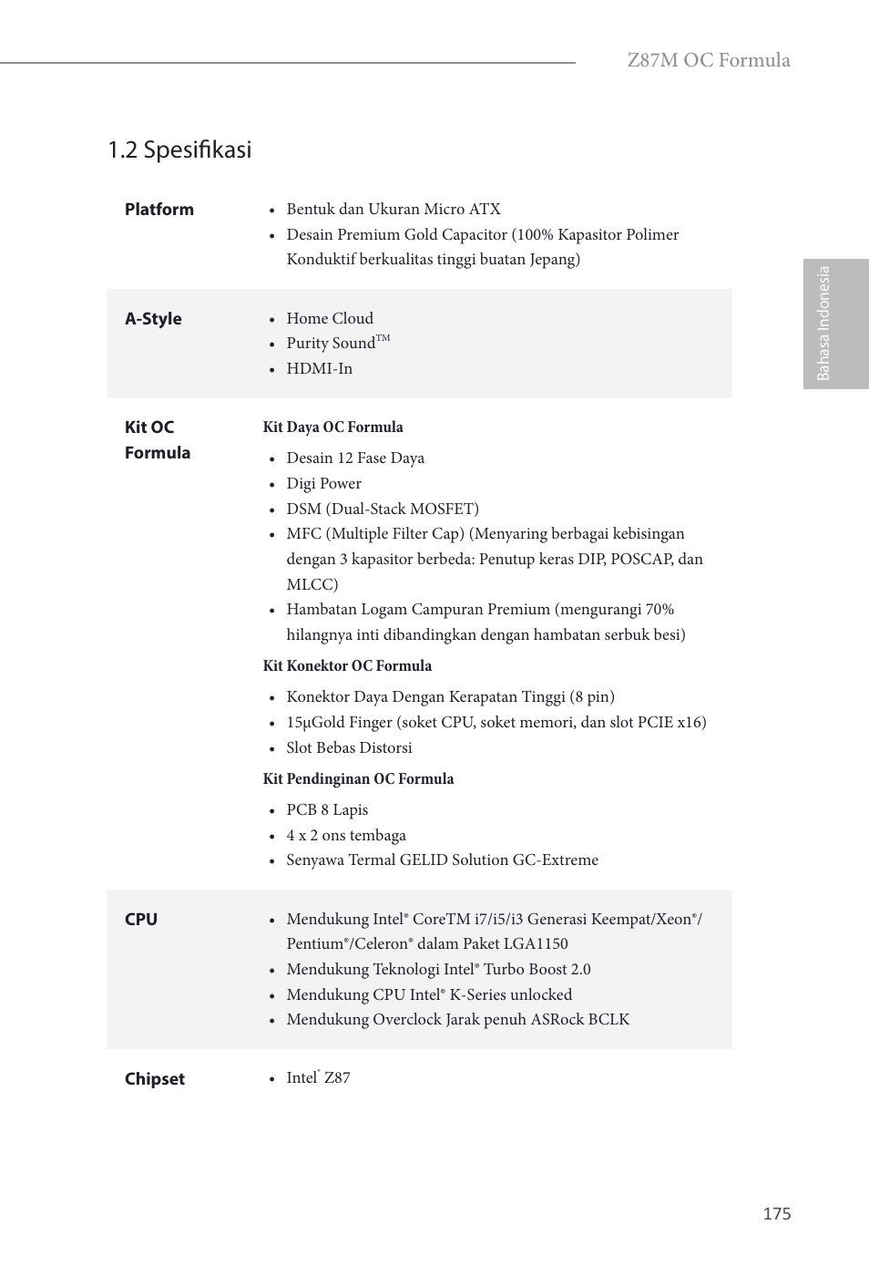 2 spesifikasi, Z87m oc formula | ASRock Z87M OC Formula User Manual | Page 177 / 189