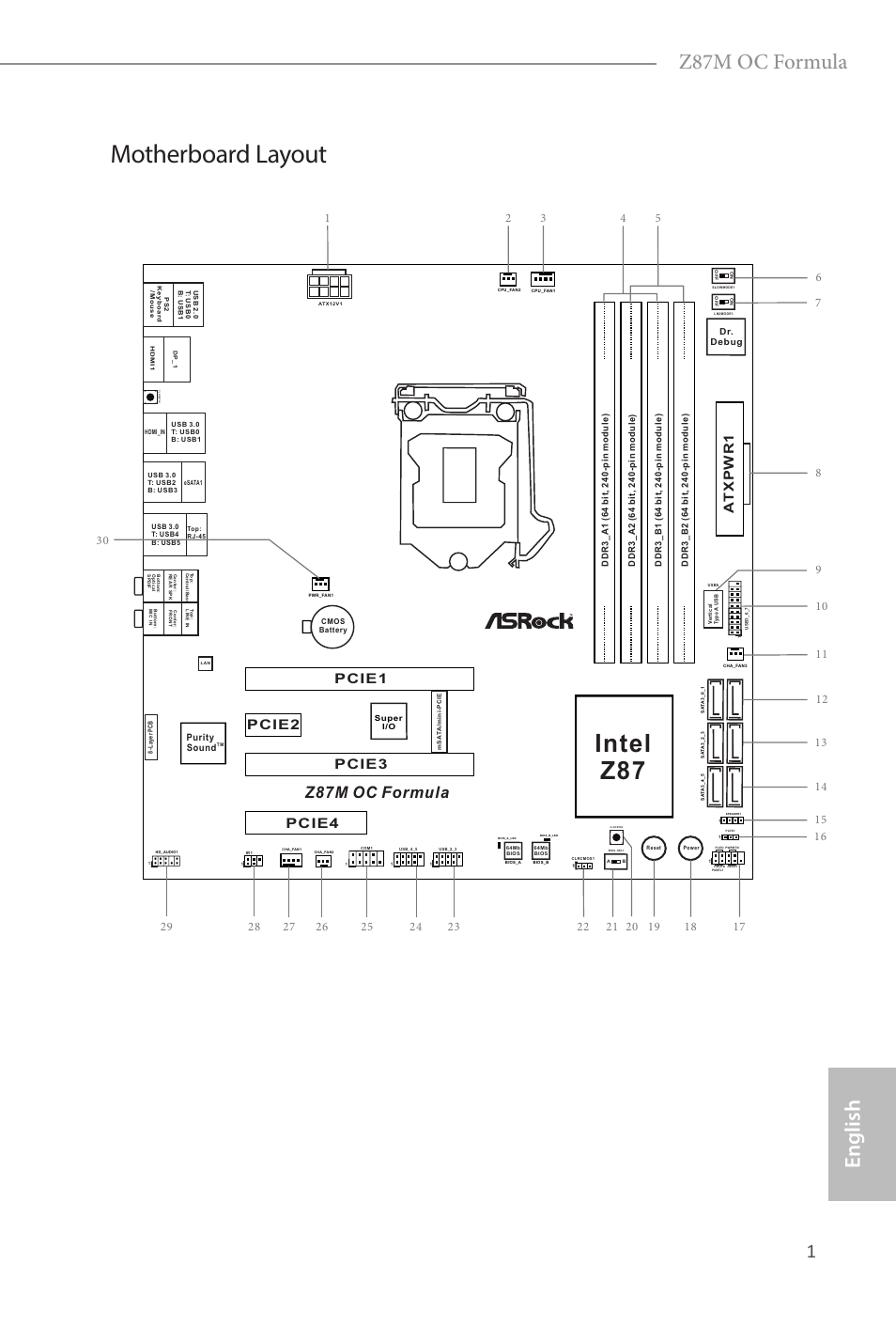 Motherboard layout, Intel z87, English z87m oc formula | Pb 1, Z87m oc formula, Pcie2 pcie1, Pcie3, Pcie4 | ASRock Z87M OC Formula User Manual | Page 3 / 189