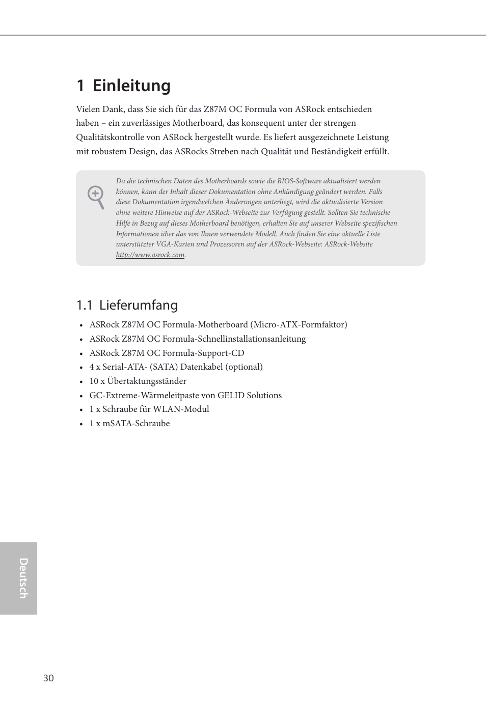 German, 1 einleitung, 1 lieferumfang | ASRock Z87M OC Formula User Manual | Page 32 / 189