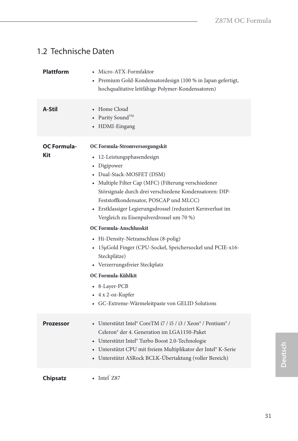 2 technische daten, Deutsch z87m oc formula | ASRock Z87M OC Formula User Manual | Page 33 / 189