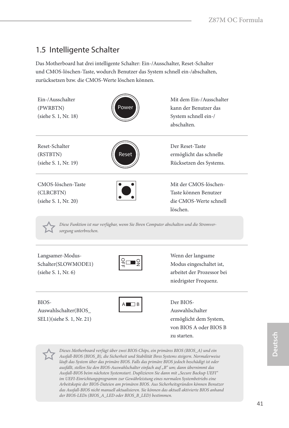 5 intelligente schalter, Deutsch z87m oc formula | ASRock Z87M OC Formula User Manual | Page 43 / 189