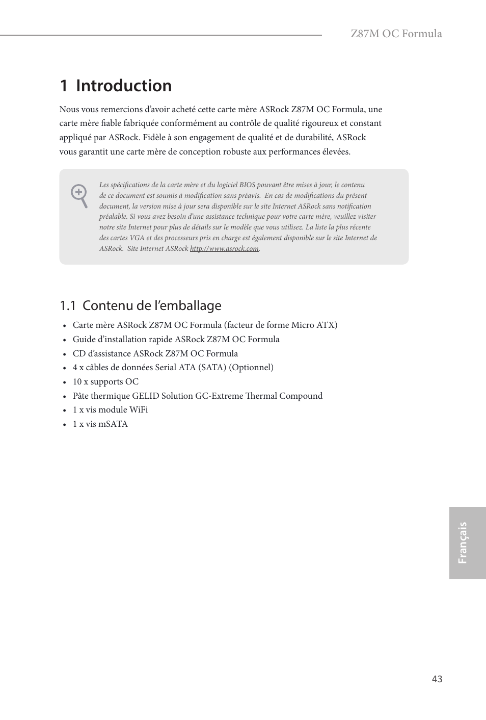 French, 1 introduction, 1 contenu de l’emballage | ASRock Z87M OC Formula User Manual | Page 45 / 189