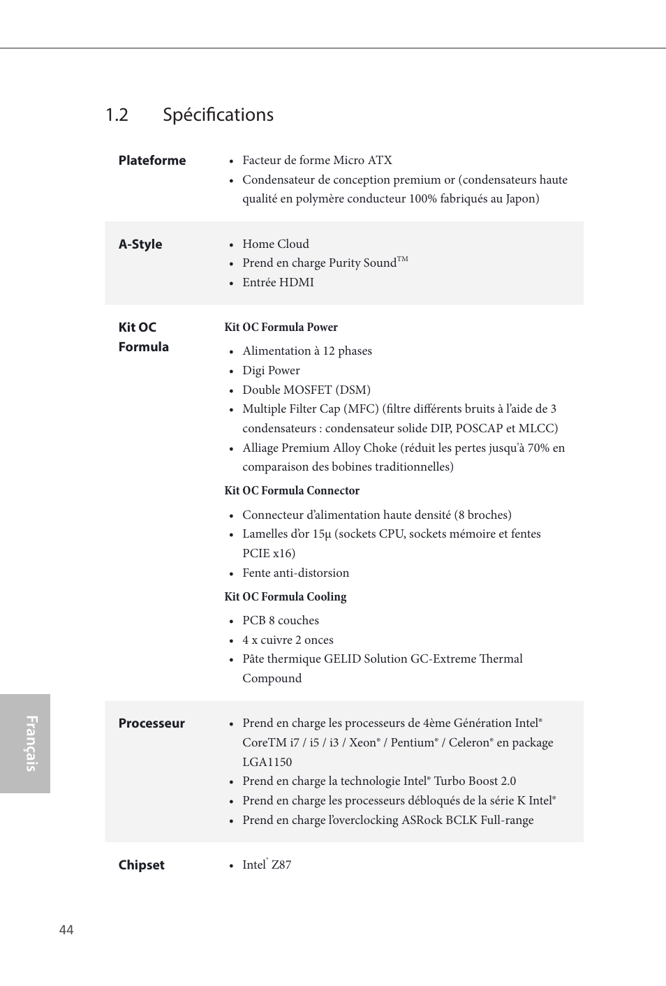 2 spécifications, Fr ançais français | ASRock Z87M OC Formula User Manual | Page 46 / 189