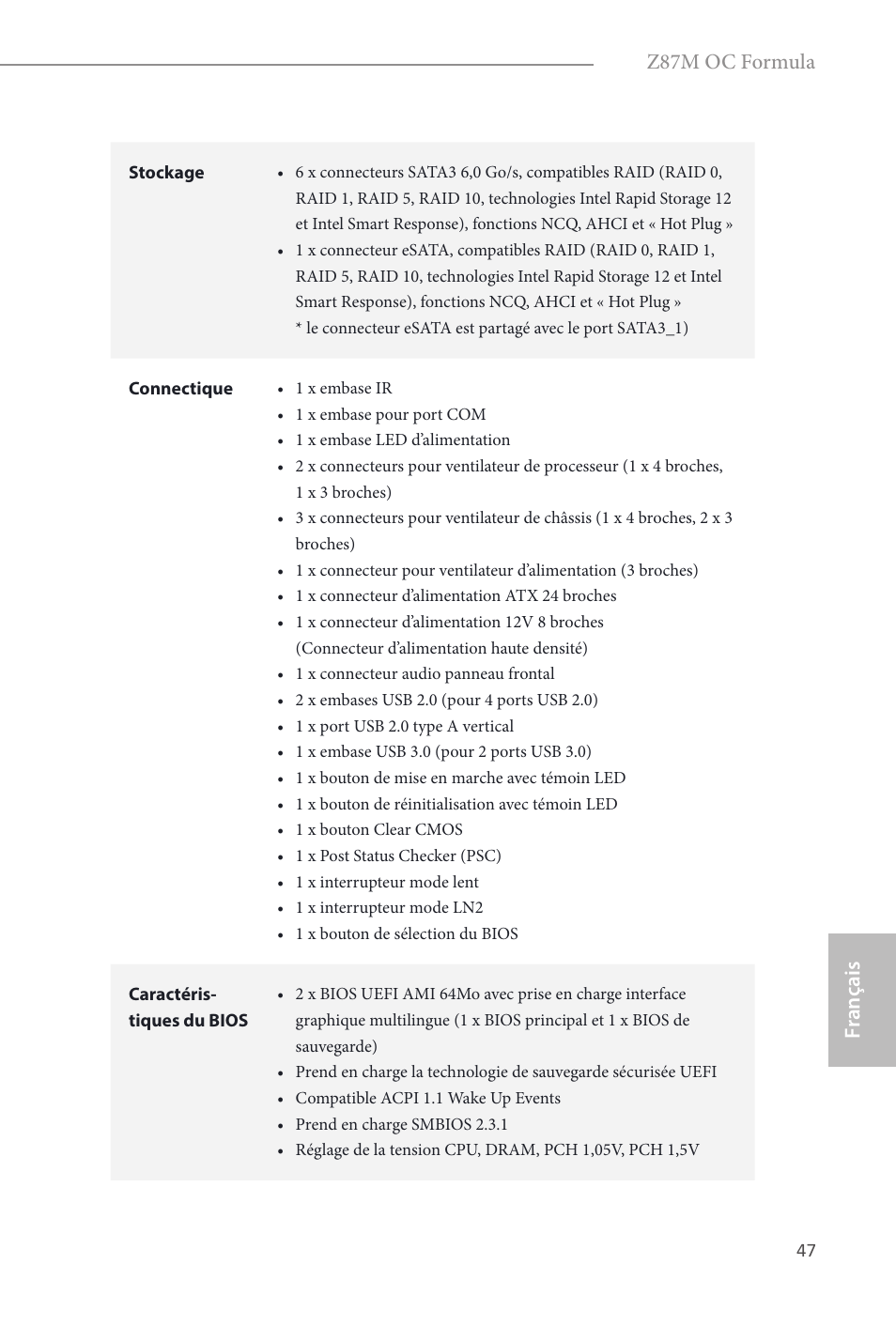 Fr ançais français, Z87m oc formula | ASRock Z87M OC Formula User Manual | Page 49 / 189