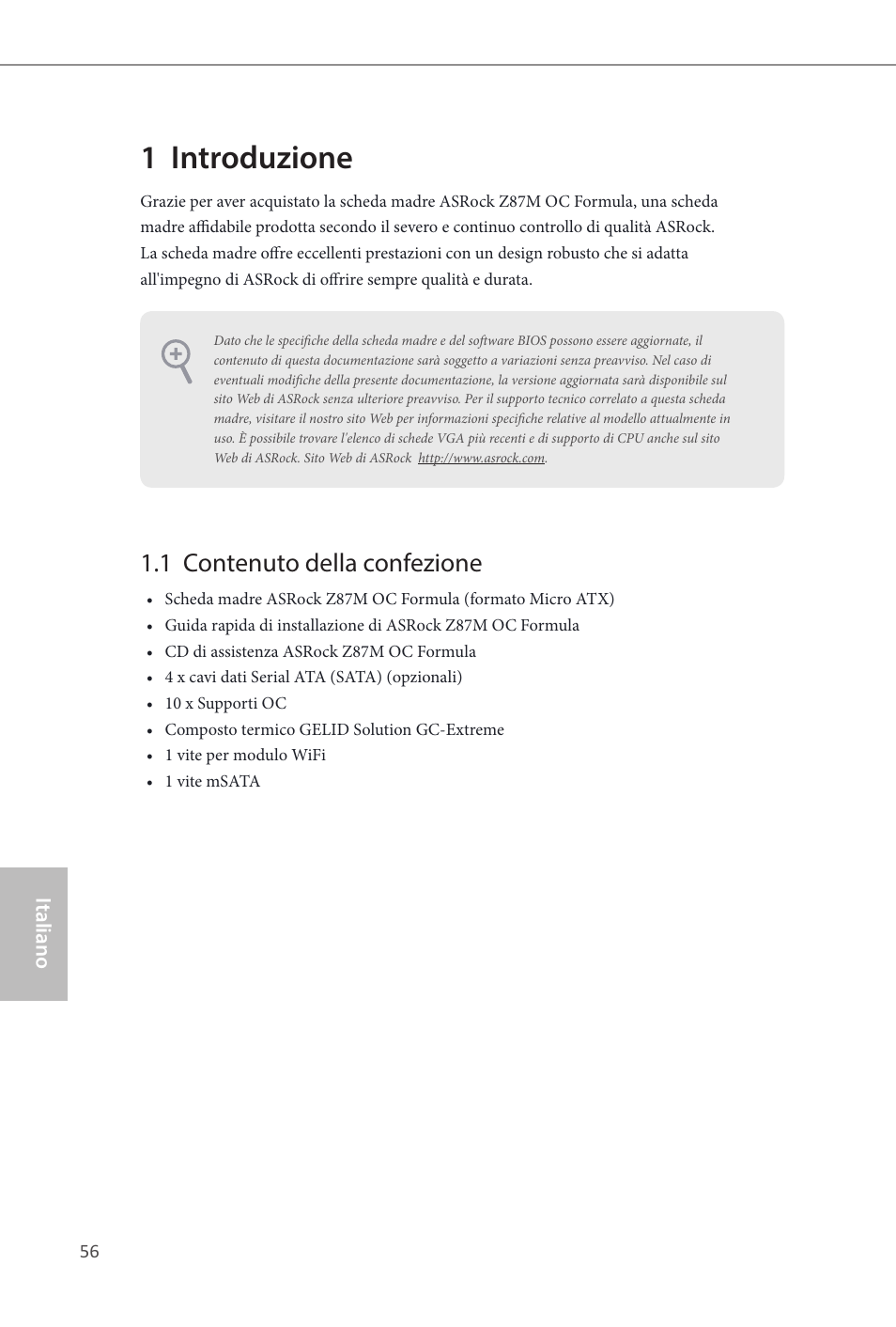 Italian, 1 introduzione, 1 contenuto della confezione | ASRock Z87M OC Formula User Manual | Page 58 / 189