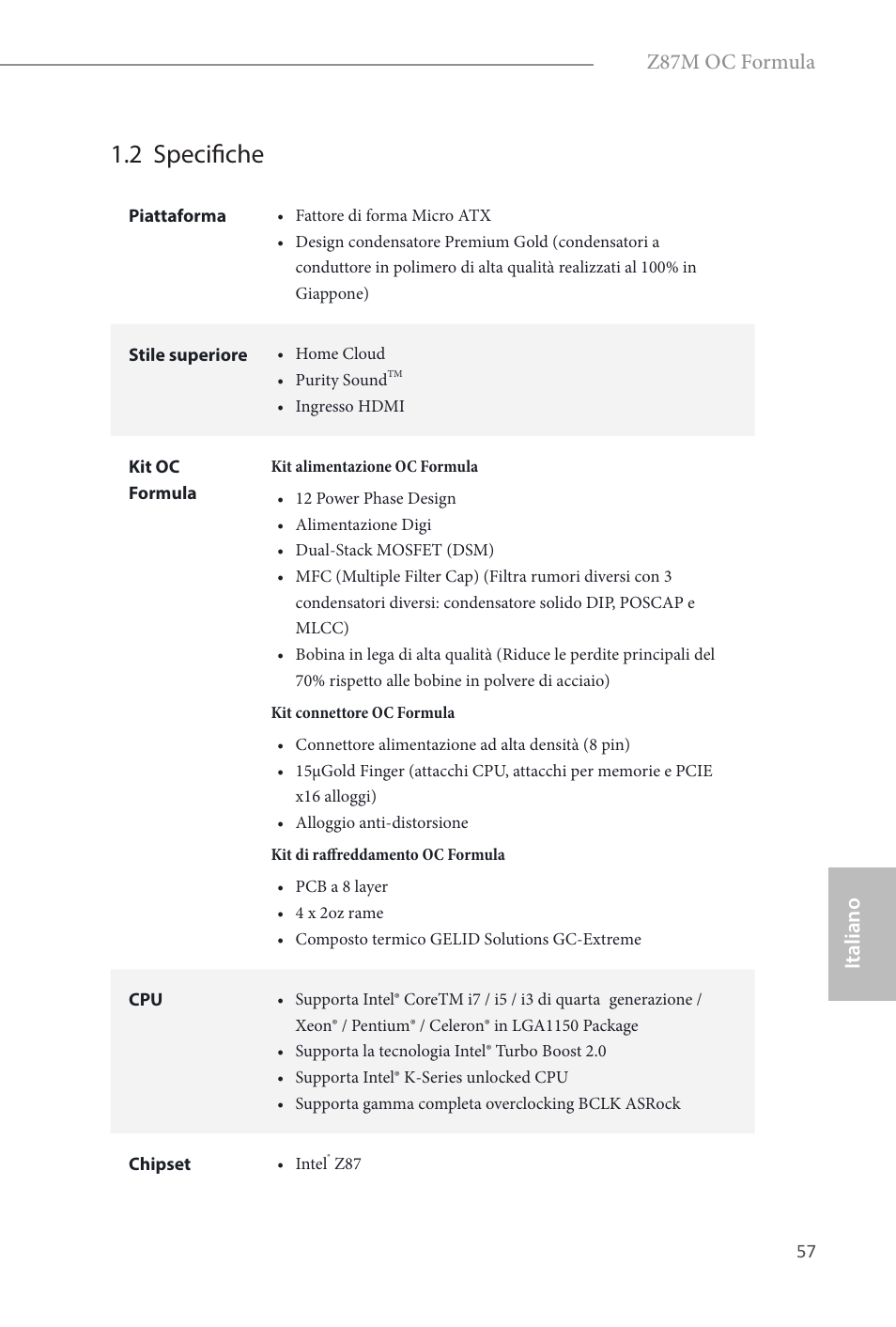 2 specifiche, Italiano, Z87m oc formula | ASRock Z87M OC Formula User Manual | Page 59 / 189