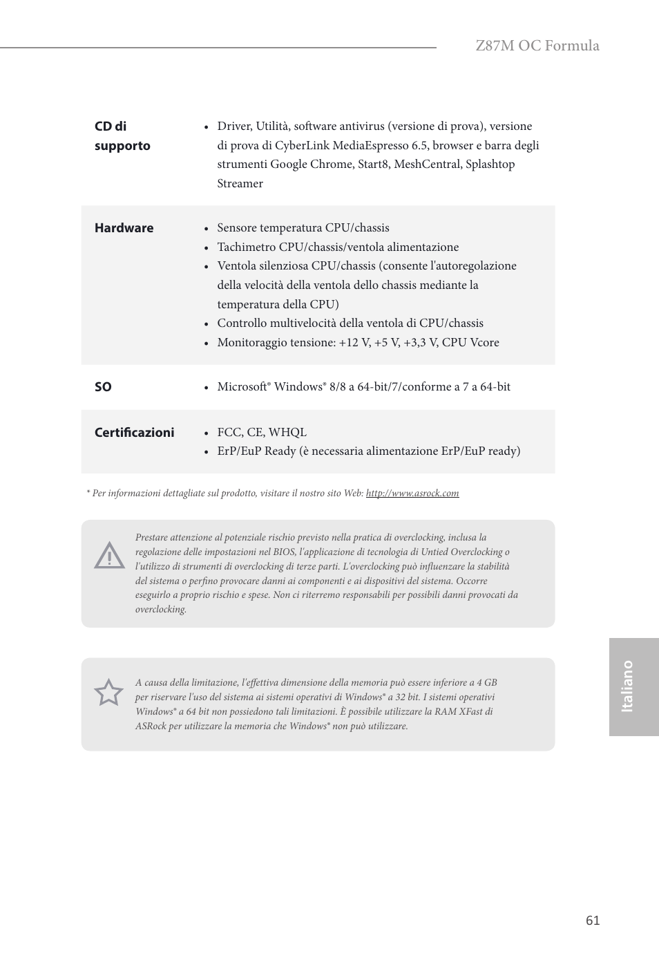 Italiano, Z87m oc formula | ASRock Z87M OC Formula User Manual | Page 63 / 189
