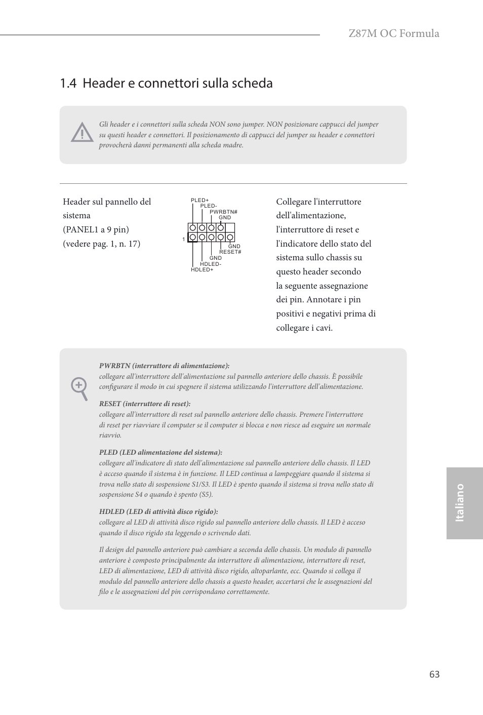 4 header e connettori sulla scheda, Italiano, Z87m oc formula | ASRock Z87M OC Formula User Manual | Page 65 / 189