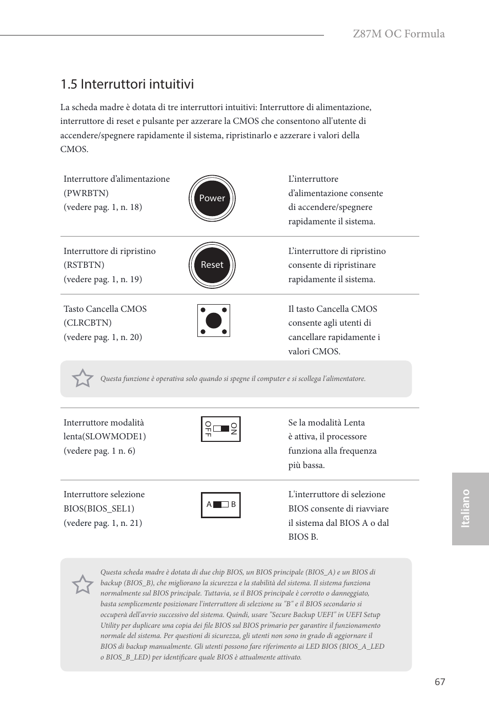 5 interruttori intuitivi, Italiano, Z87m oc formula | ASRock Z87M OC Formula User Manual | Page 69 / 189