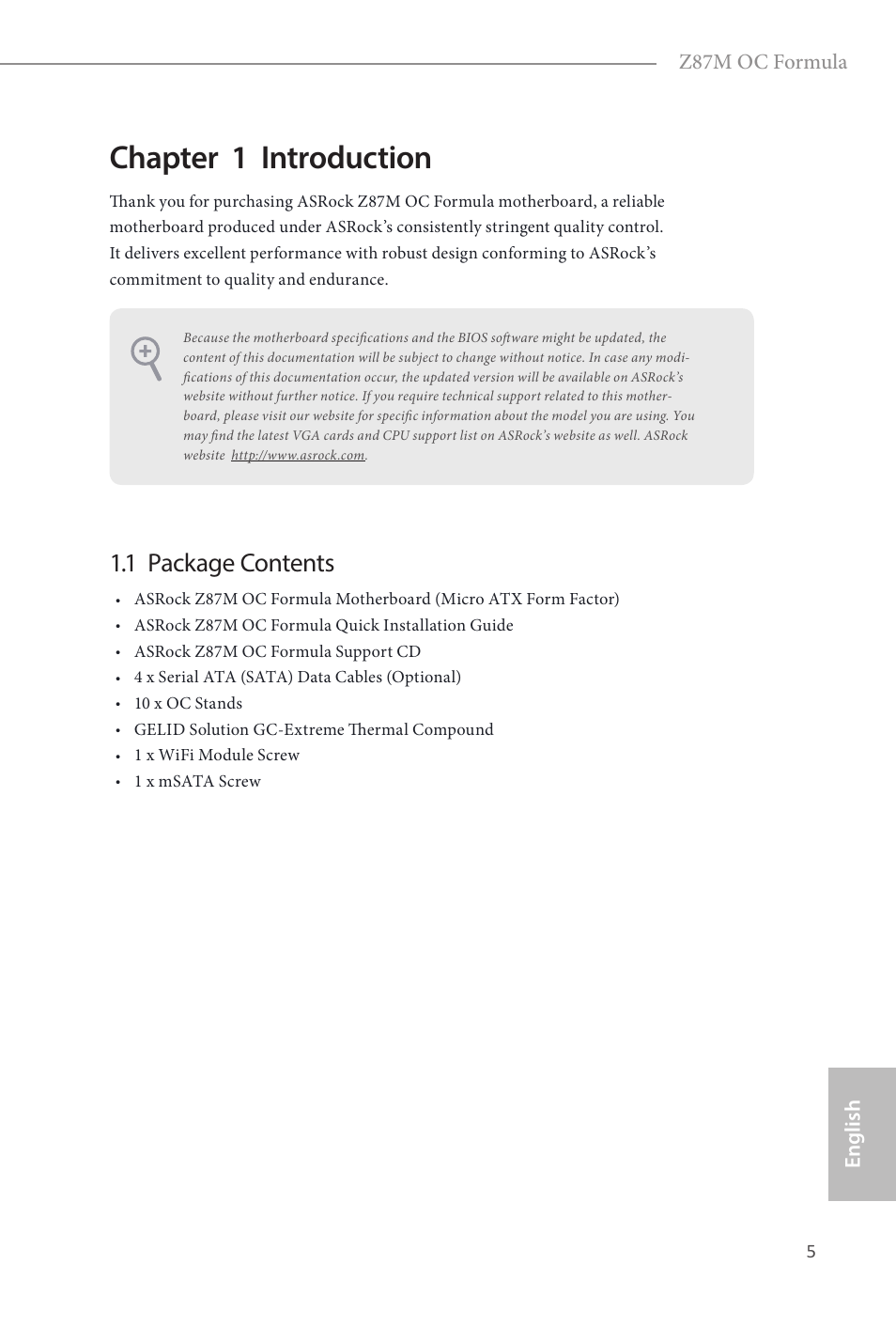 Chapter 1 introduction, 1 package contents, English z87m oc formula | ASRock Z87M OC Formula User Manual | Page 7 / 189