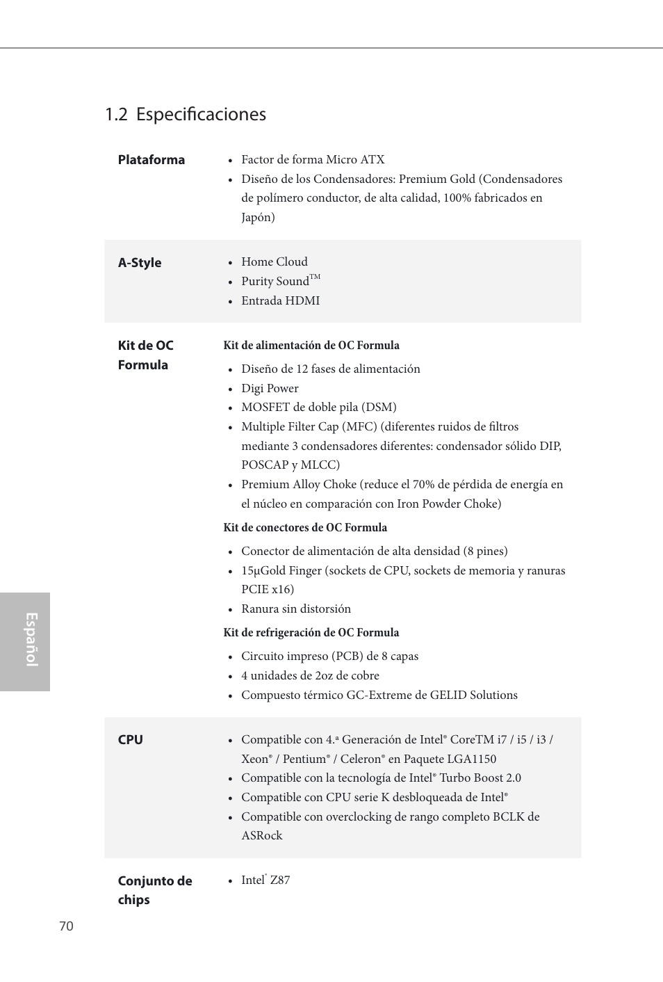 2 especificaciones, Español | ASRock Z87M OC Formula User Manual | Page 72 / 189