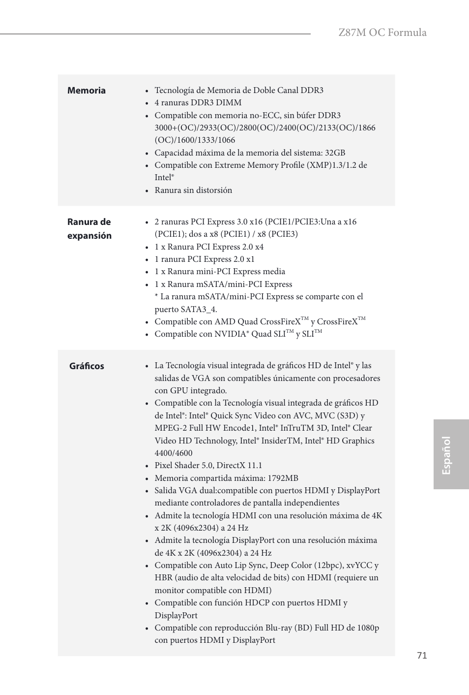 Español, Z87m oc formula | ASRock Z87M OC Formula User Manual | Page 73 / 189