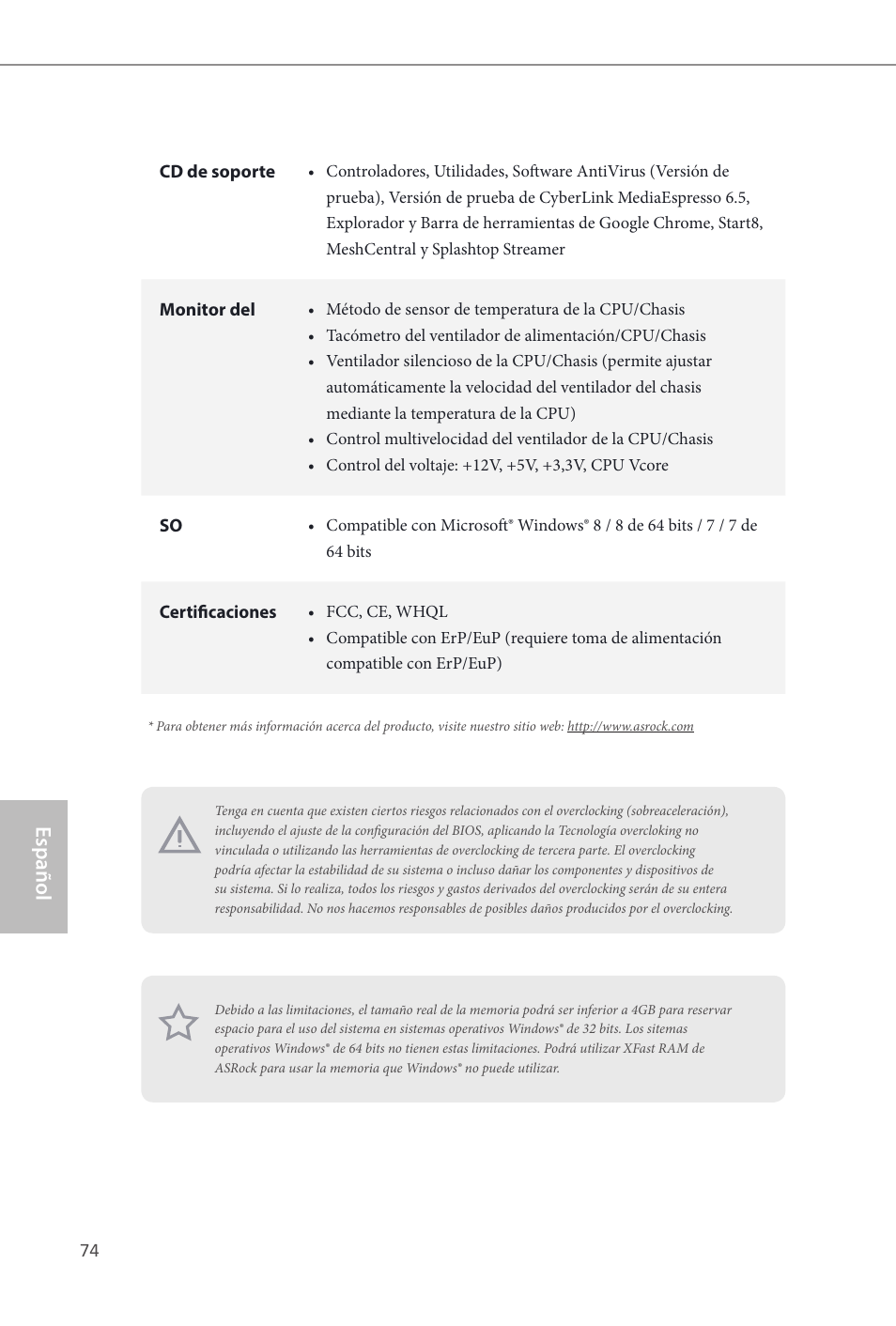 Español | ASRock Z87M OC Formula User Manual | Page 76 / 189