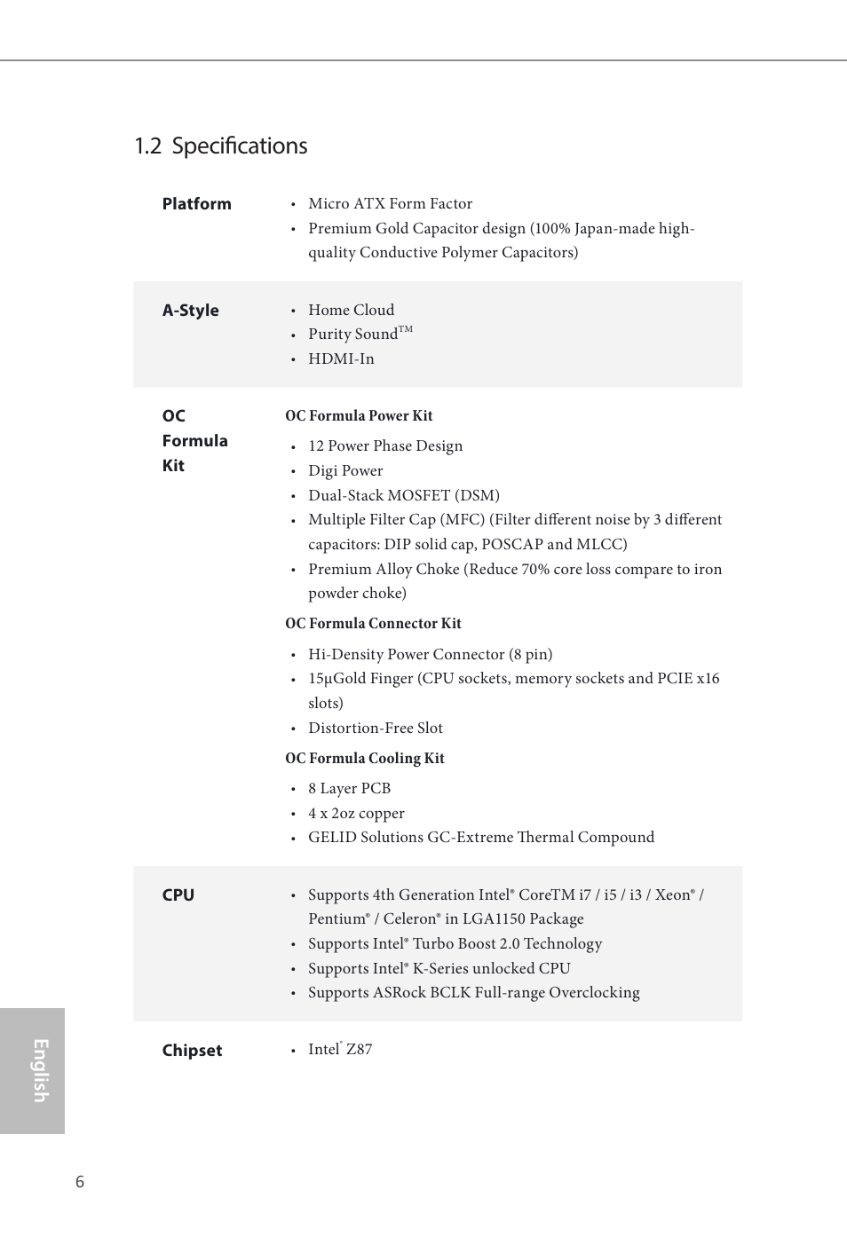 2 specifications, English z87m oc formula | ASRock Z87M OC Formula User Manual | Page 8 / 189