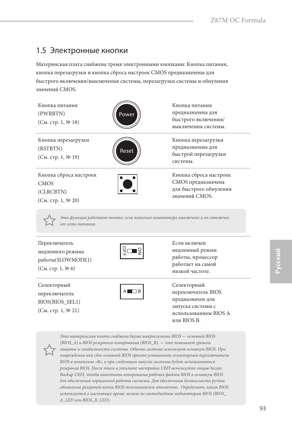 5 электронные кнопки, Ру сский, Z87m oc formula | ASRock Z87M OC Formula User Manual | Page 95 / 189
