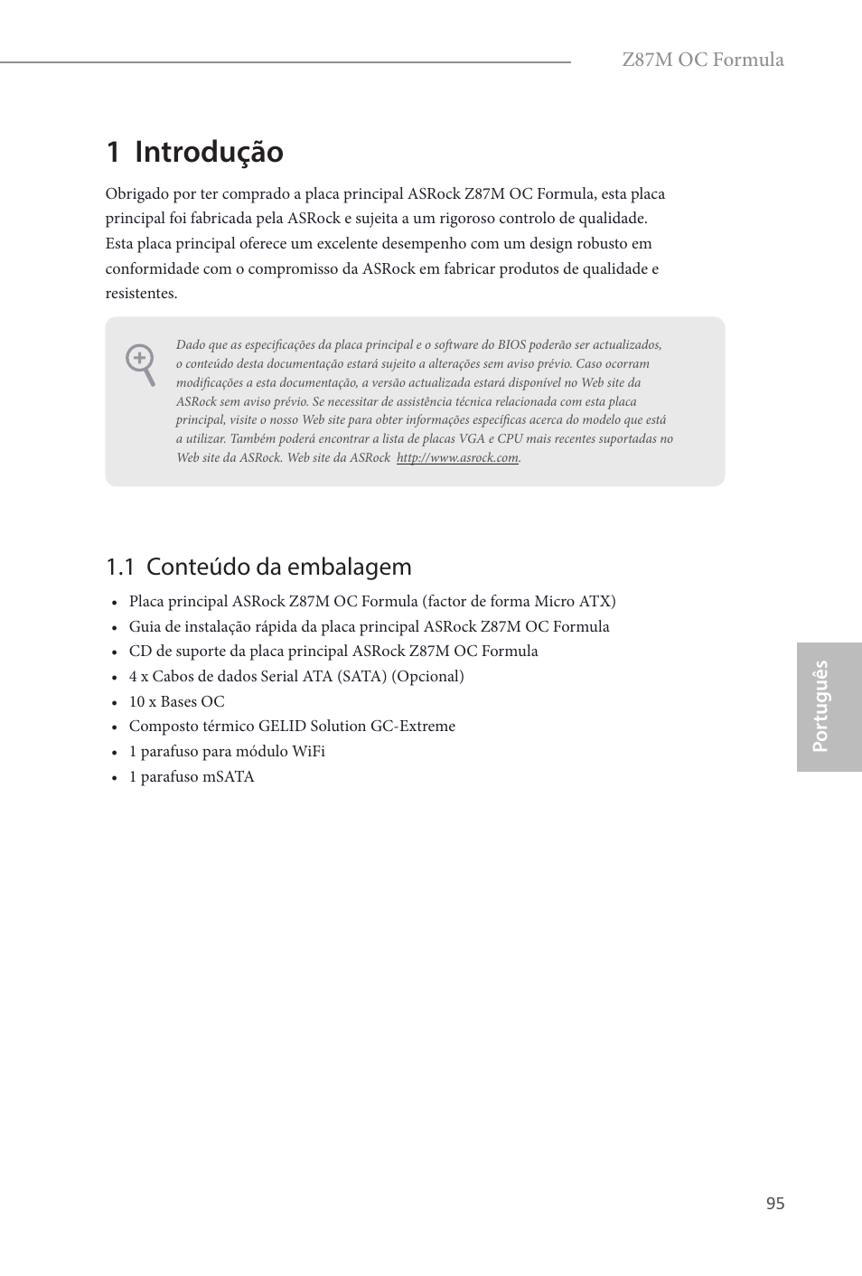 Portuguese, 1 introdução, 1 conteúdo da embalagem | ASRock Z87M OC Formula User Manual | Page 97 / 189