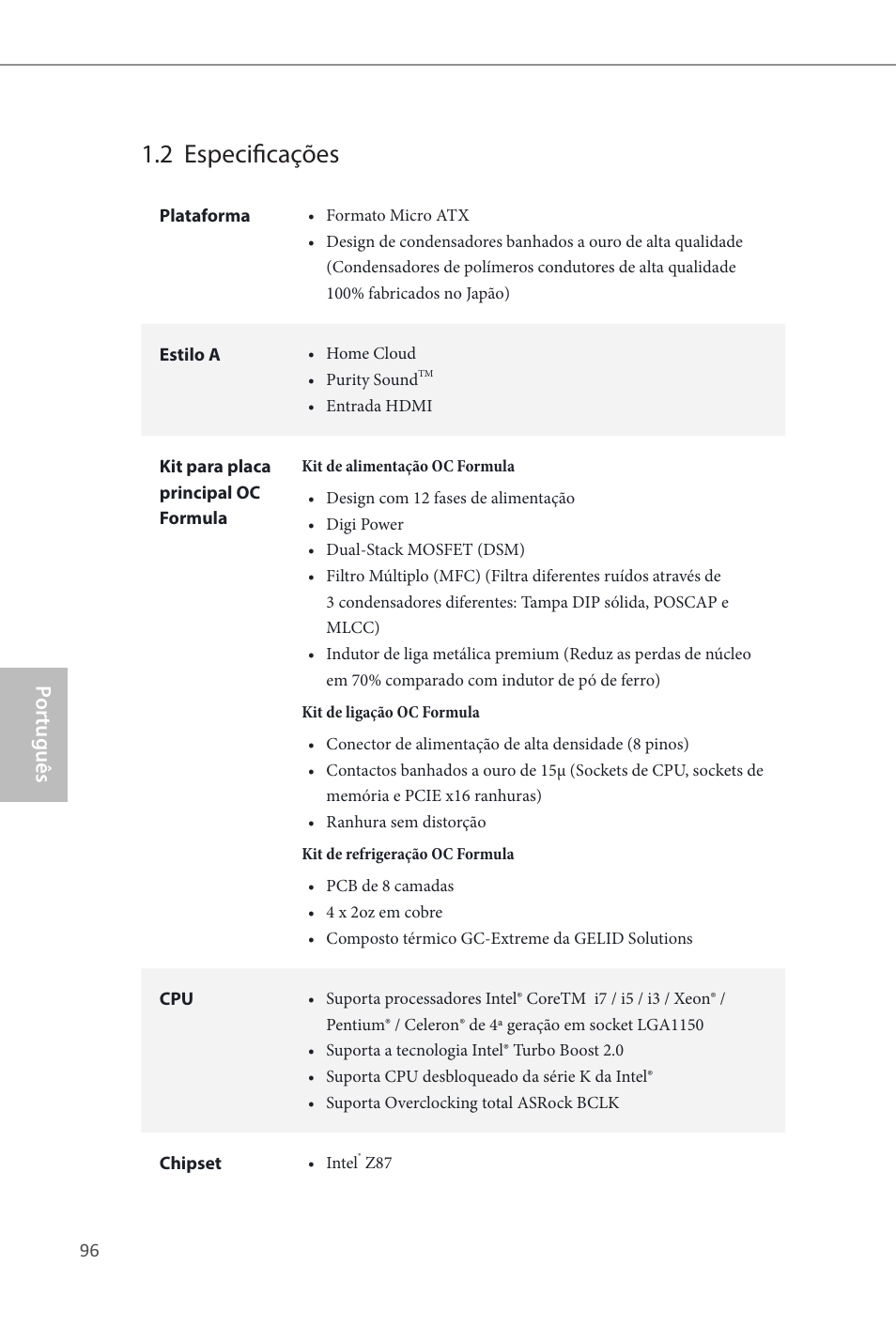 2 especificações, Por tuguês | ASRock Z87M OC Formula User Manual | Page 98 / 189