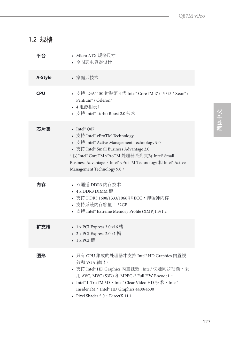 2 规格, 简体中文, 简体中文 q87m vpro | ASRock Q87M vPro User Manual | Page 128 / 160