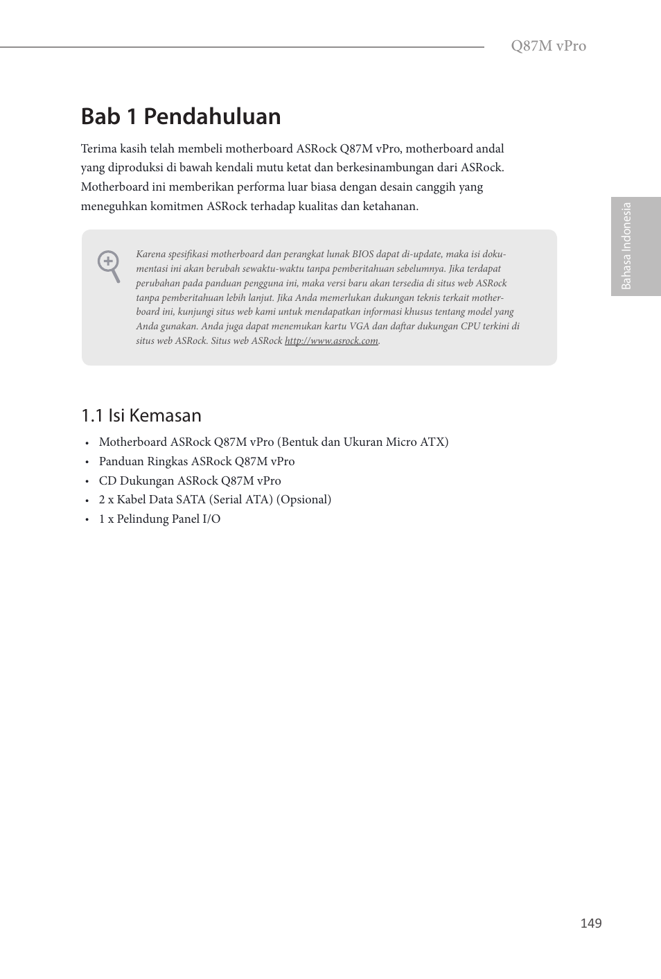 Indonesian, Bab 1 pendahuluan, 1 isi kemasan | ASRock Q87M vPro User Manual | Page 150 / 160