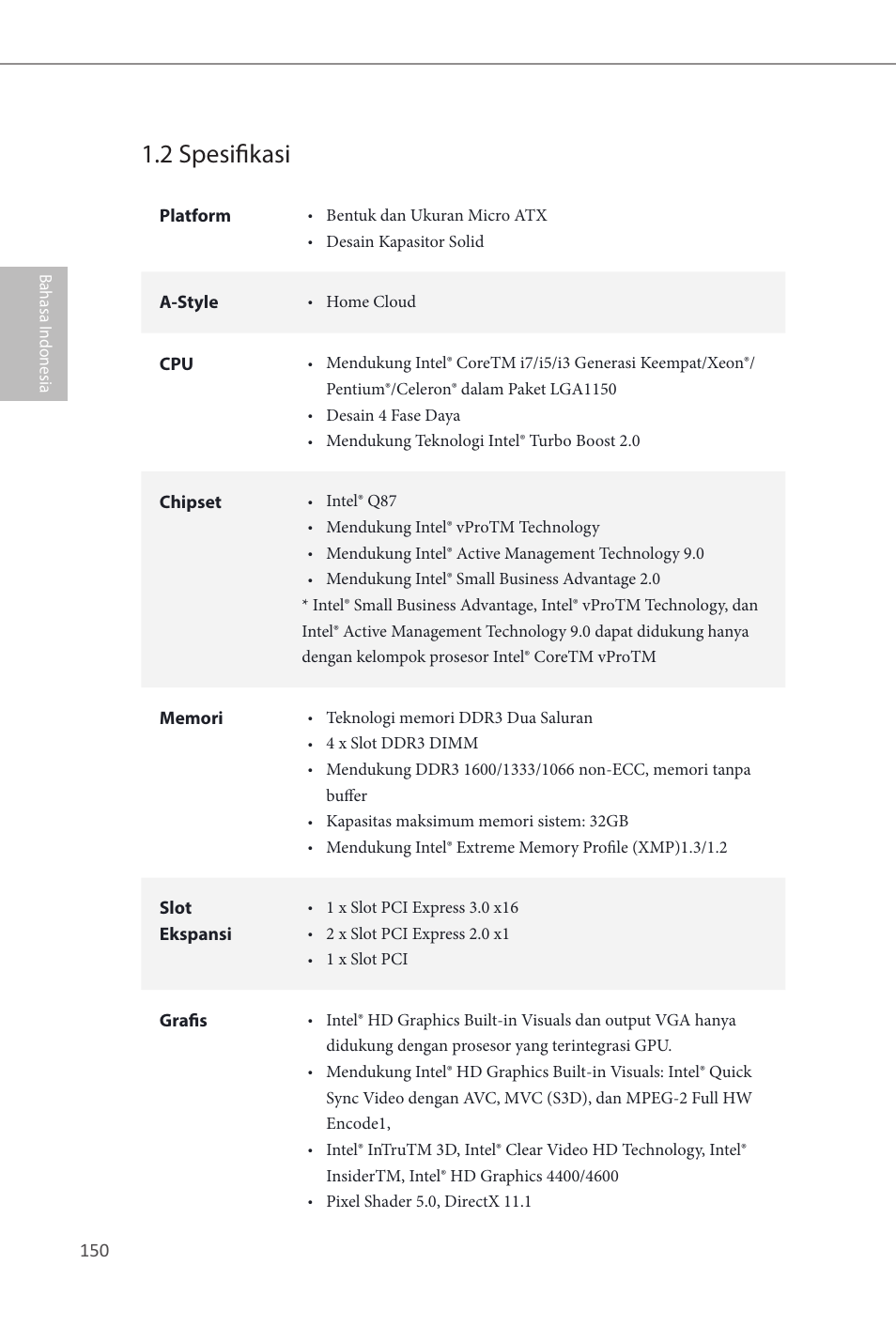 2 spesifikasi | ASRock Q87M vPro User Manual | Page 151 / 160