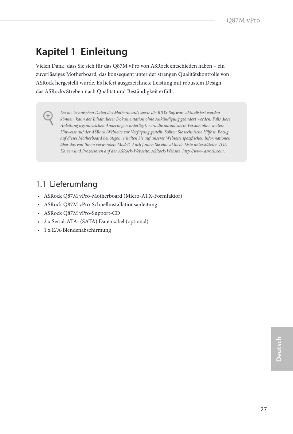 German, Kapitel 1 einleitung, 1 lieferumfang | ASRock Q87M vPro User Manual | Page 28 / 160