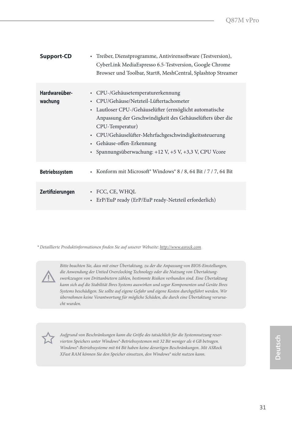 Deutsch q87m vpro | ASRock Q87M vPro User Manual | Page 32 / 160