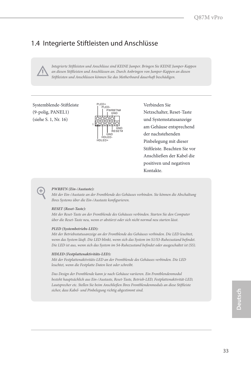 4 integrierte stiftleisten und anschlüsse, Deutsch q87m vpro | ASRock Q87M vPro User Manual | Page 34 / 160