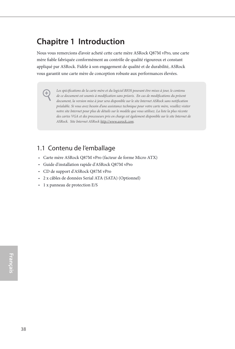 French, Chapitre 1 introduction, 1 contenu de l’emballage | ASRock Q87M vPro User Manual | Page 39 / 160