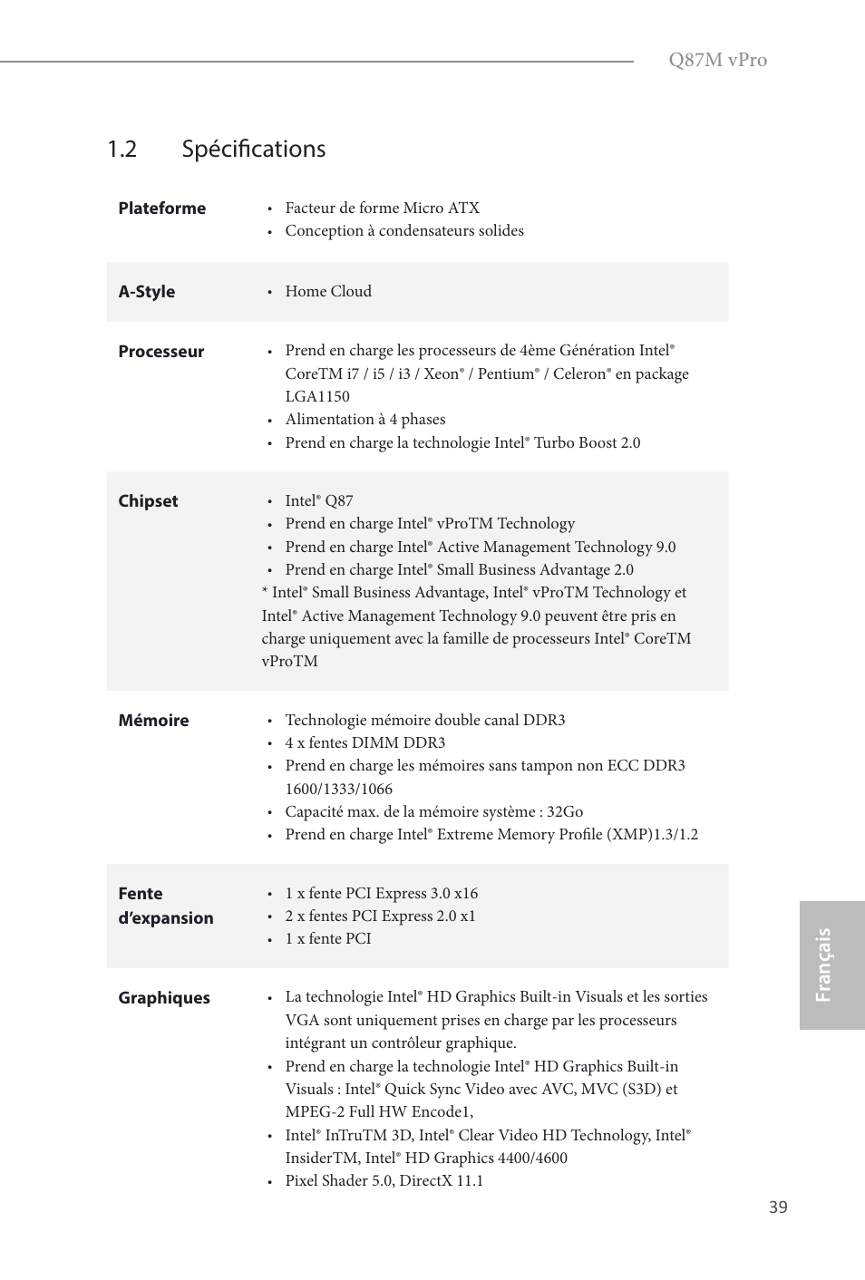 2 spécifications, Fr ançais français q87m vpro | ASRock Q87M vPro User Manual | Page 40 / 160