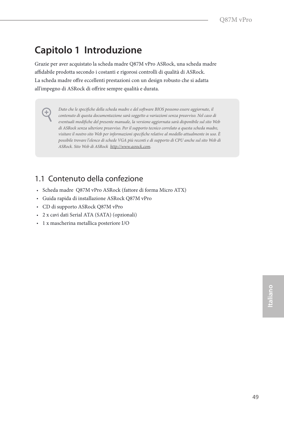 Italian, Capitolo 1 introduzione, 1 contenuto della confezione | ASRock Q87M vPro User Manual | Page 50 / 160