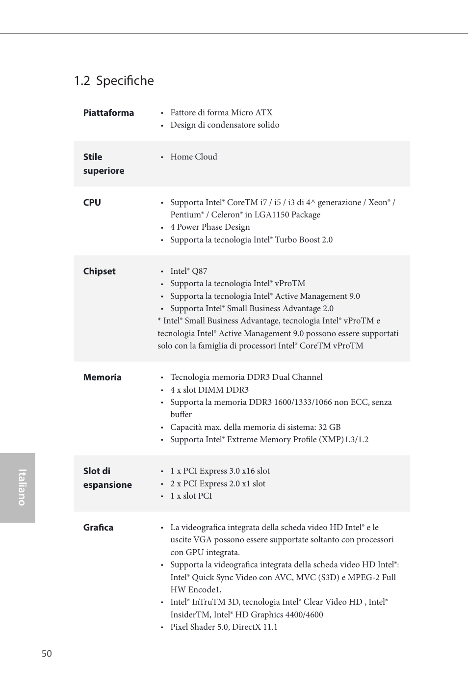 2 specifiche, Italiano | ASRock Q87M vPro User Manual | Page 51 / 160